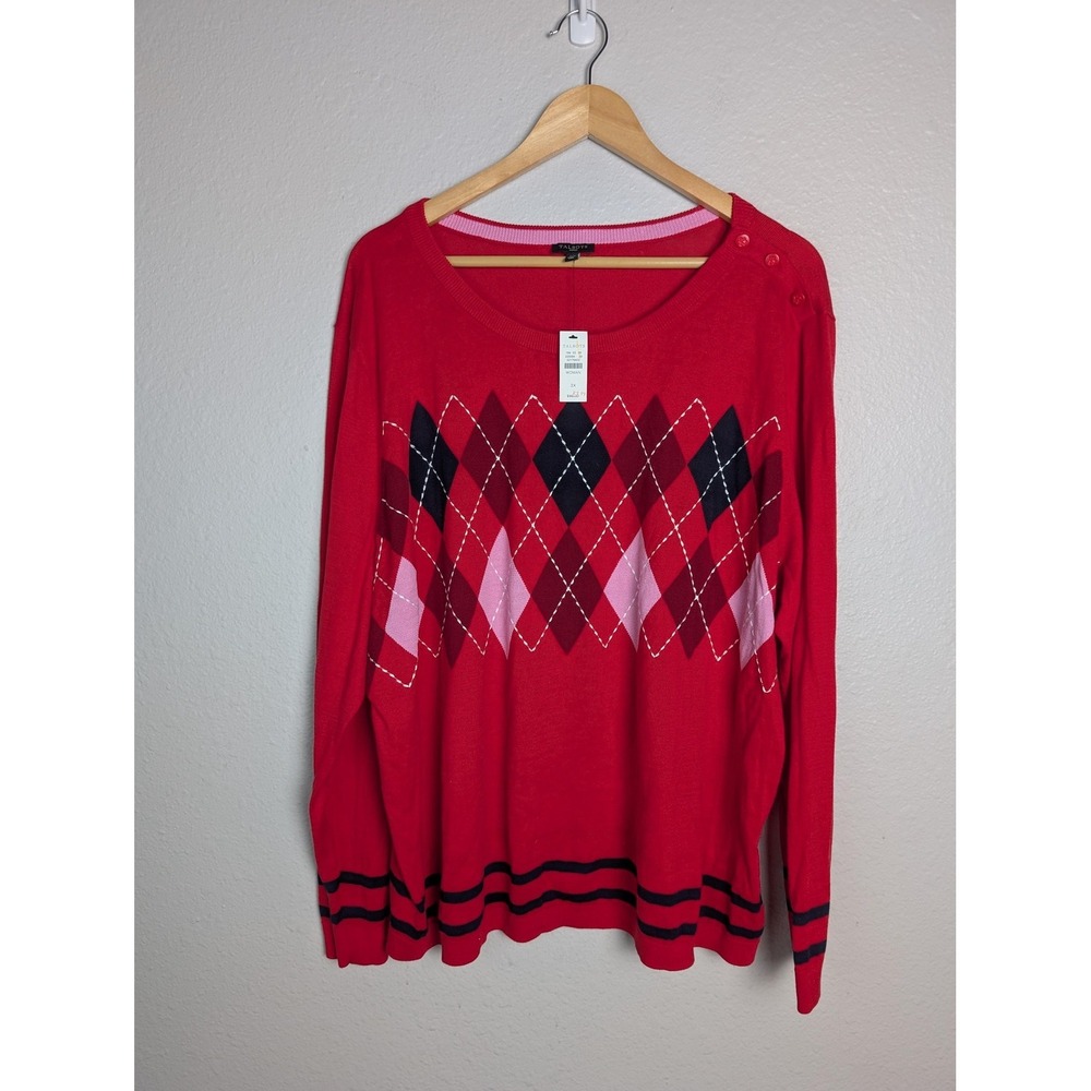 Talbots Sweater Pullover Womens 3X Red Argyle Crew Neck Collarless Lightweight